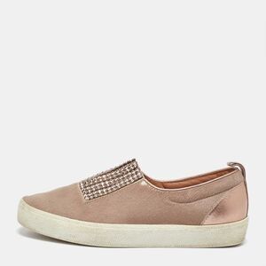 Gina Beige/metallic Calf Hair And Leather Crystal Embellished Slip On Sneakers
